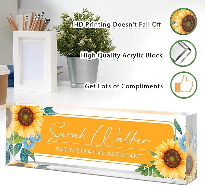 Custom Name Plate for Desk - Desk Name Plate Personalized - Office Desk Accessories - Employee Teacher Appreciation Gifts for Coworkers - Acrylic Sunflowers Office Desk Decor - Office Gifts for Women
