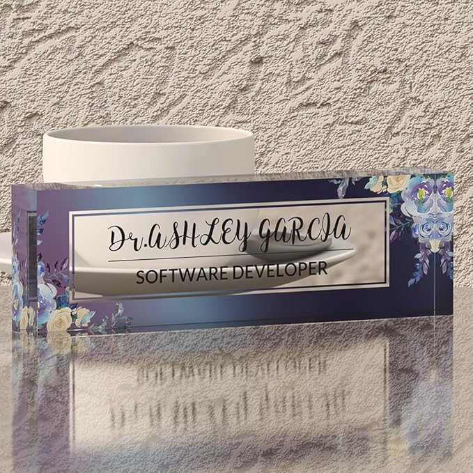 Personalized Office Desk Name Plate on Acrylic Glass - Custom Nameplate Decor, Accessories - Gift for Boss, Coworkers