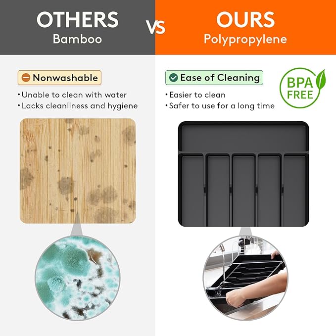 Lifewit Silverware Drawer Organizer, Expandable Utensil Tray for Kitchen, BPA Free Flatware and Cutlery Holder, Adjustable Plastic Storage for Spoons Forks Knives, 10.9"-17.5" x 13.7", Black