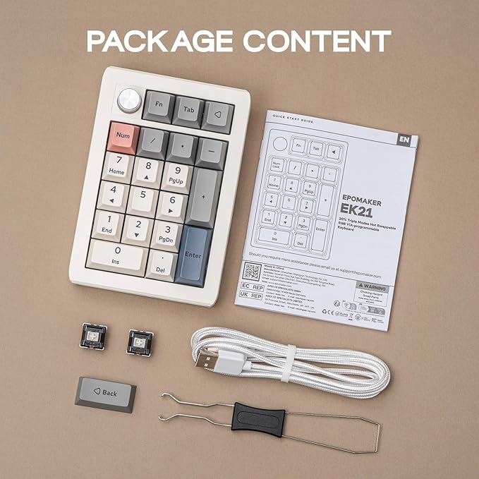 EPOMAKER EK21 VIA Gasket Number Pad with 1000mAh Battery, BT 5.0/2.4GHz/Wired Hot-Swap Numpad with Aluminum Alloy knob, Programmable for Win/Mac/Gaming (Retro White, Wisteria V2 Switch)