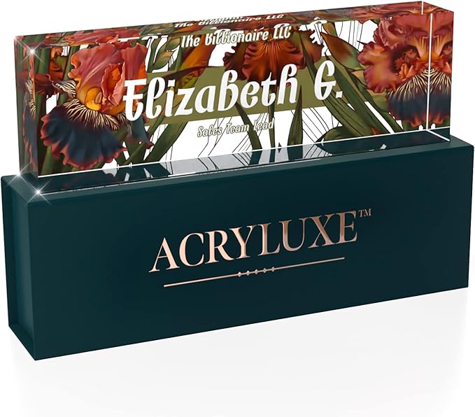 Desk Name Plate Personalized, Custom Name Plates, 2½/x8 Inches, Thick Crystal-Clear Acrylic, Gift Box, Office Desk Decor. USA Made by ACRYLUXE (Iris)