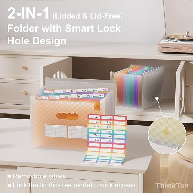 ThinkTex Accordion File Organizer, 12 - Pocket Expanding File Folders for Paper Receipts, Bills&Taxes Organizer, Letter/A4 Size Document Holder for School, Office, Home with Colorful tabs-Orange
