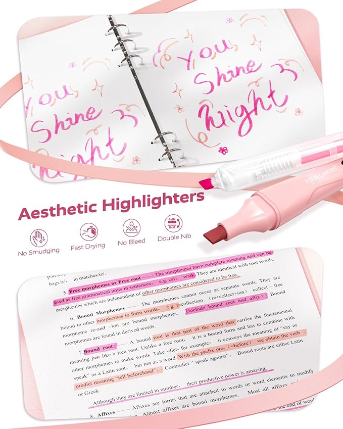 Four Candies Pink School Supplies with Case, Gel Pens with Black Ink, Correction Tapes, Pastel Highlighters, Mechanical Pencils, Sticky Notes, Index Post for Bible Study Stationary College Essentials