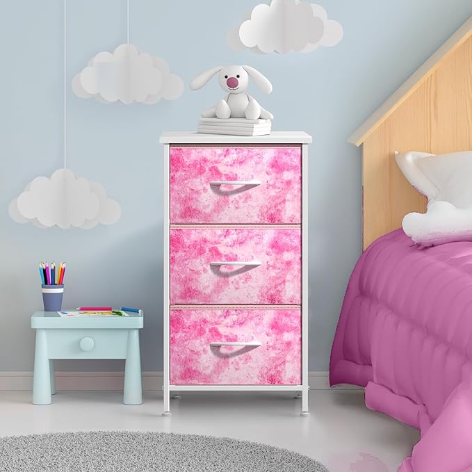 Sorbus Nightstand Storage Organizer Chest with 3 Drawers - Kids Girls, Boys Bedroom Furniture Chest for Clothes, Closet Organization - Steel Frame, Wood Top, Tie-dye Fabric Bin (3-Drawer, Pink)
