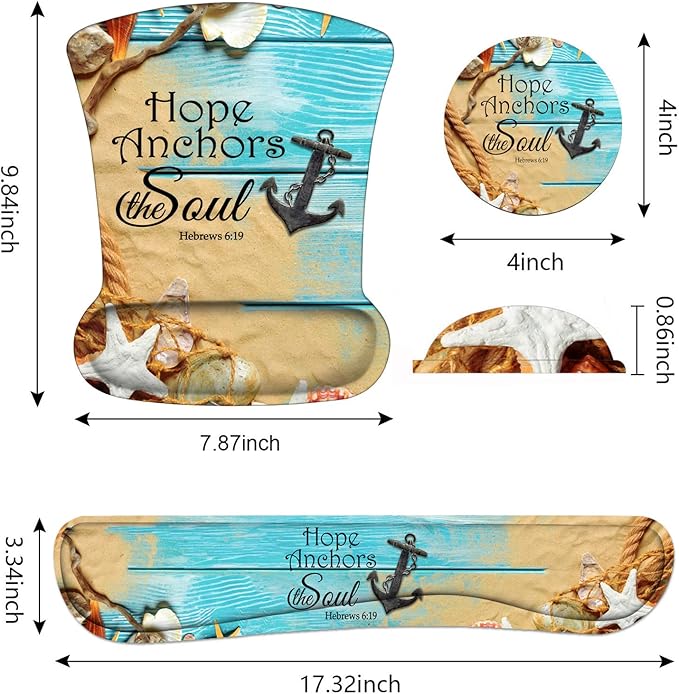 Keyboard Wrist Rest and Mouse Pad Wrist Support Set with Coasters, Non-Slip PU Base Ergonomic Gaming Mousepad for Home Office Working Studying Easy Typing & Pain Relief, Bible Verses Hebrews 6:19