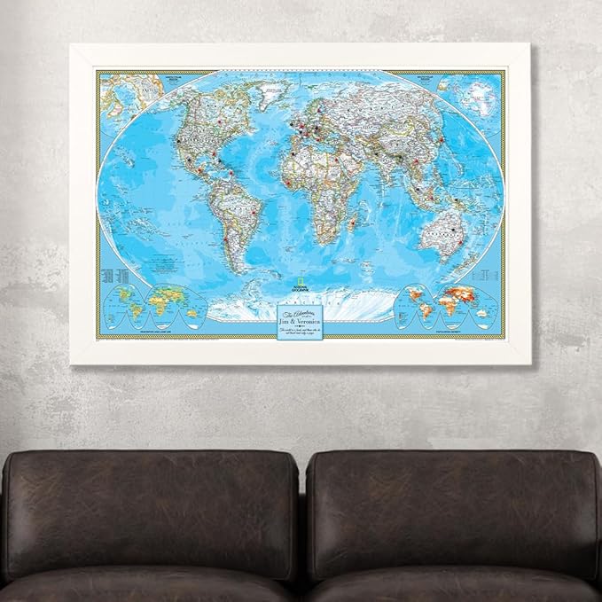 Canvas Classic World Map Pin Board – Framed Travel Map with Pins for Wall – Personalized Push Pin World Map for Tracking Journeys – 27.5" x 39.5" Textured White Frame