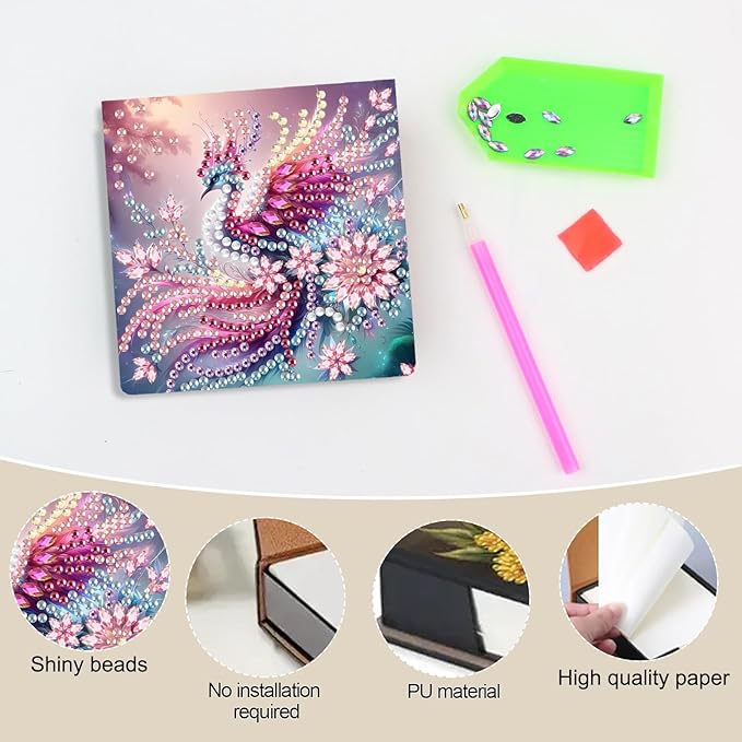 Peacock Diamond Painting Note Box Memo Pad Holder, Diamond Art Sticky Notes Organizer for Desk, Aesthetic Stationery Storage Case for Office,School Supplies (Peacock)