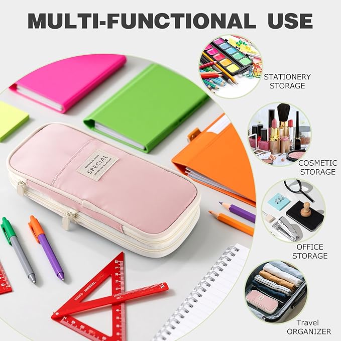 Large Capacity Pencil Case with Zipper, Aesthetic Pencil Pouch, Portable Stationery Organizer Bag for Teen and Adults, Big Pencil Bag for College, Office, Travel - Pink