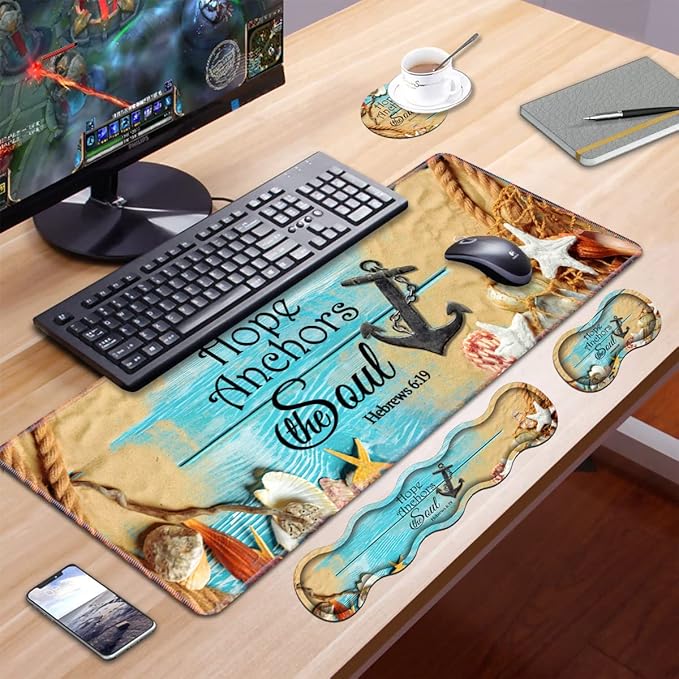 Ergonomic Keyboard Wrist Rest & Mouse Pad Wrist Rest Set, Large XXL Gaming Desk Mat 31.5"x 11.8", Non-Slip Base, Memory Foam, Easy Typing Pain Relief for Office & Home, Bible Verses Hebrews 6:19
