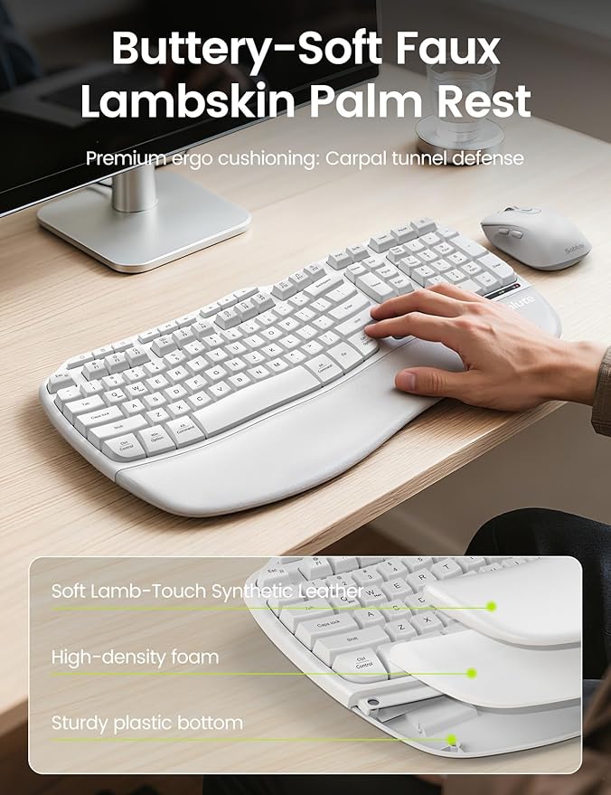 White Ergonomic Wireless Keyboard and Mouse Combo, 2.4G Full Size Ergo Wave Key Board with Cushioned Plam Rest, Natural Typing, 3 DPI Adjustable Silent Mouse for Computer/Laptop/Windows/Mac - Sablute