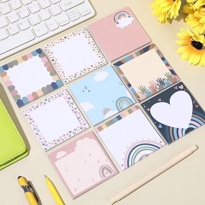 9 Pads Boho Sticky Notes 3x3 Inch Cute Self Stick Notepads Notes Adhesive Memo Pad Office Decor Gifts for Students School Teacher Meeting Office Supplies