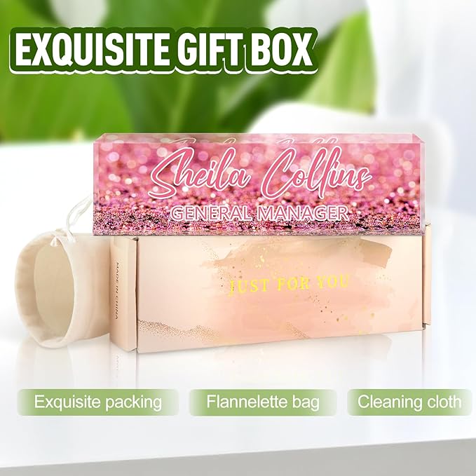 Custom Name Plate for Desk, Employee Appreciation Gifts, Acrylic Desk Name Plate Personalized, Office Decor, Funny Office Gifts for Coworkers Boss Teacher (Pink Glitter)