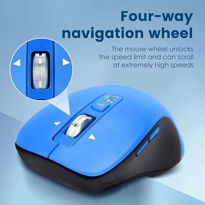 Wireless Bluetooth Mouse (USB + BT1 + BT2), Full Size, 4-Way Scrolling, Multi-Device Silent Mouse for Computer, Laptop, iPad, MacBook (Blue)