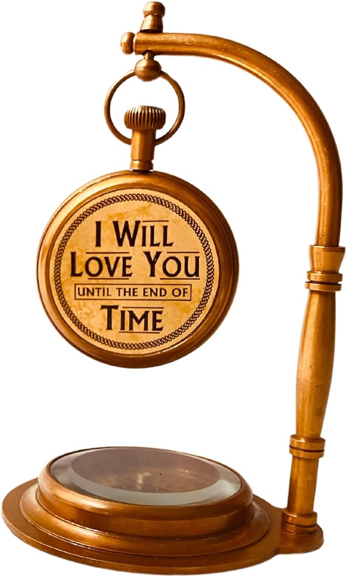 ALADEAN Brass Table Clock with Compass | Romantic Desk Clock - Decorative Vintage Mechanical Clock Lovers Boyfriend/Husband Birthday/Wedding Gifts (Love You)