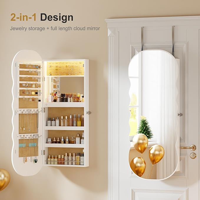 HNEBC LED Mirror Jewelry Cabinet,Wall or Door Mounted Jewelry Armoire Organizer with Lights,Lockable Wide Wavy Mirror with Storage,42.5" L Full Length Mirror with Jewelry Storage,Interior Mirror