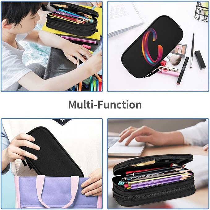 Cute Initial Pencil Case for Kids Students, Large Capacity Pencil Pouch for Boys Girls, Letter Design Pencil Box Pen Bag Office Stationery Organizer, Rainbow Letter C