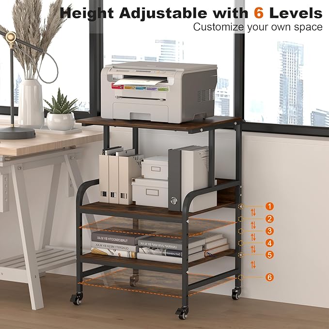 Printer Stand for Home Office, 32.48 X 22.05 X 18.9 Rolling Printer Cart with Heavy Duty Casters, Large Storage Stand for Scanner, Fax, Metal Printer Stand for School, Workshop, Studio