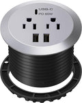 TOPGREENER Desktop Power Grommet with 65W PD for MacBook, GaN Desk Grommet with 1 Fast Charging USB-C Port, 2 USB-A Ports and Duplex Receptacles, TTRP48APD60-SV, Silver