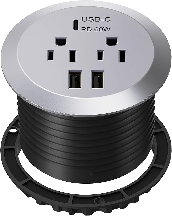 TOPGREENER Desktop Power Grommet with 65W PD for MacBook, GaN Desk Grommet with 1 Fast Charging USB-C Port, 2 USB-A Ports and Duplex Receptacles, TTRP48APD60-SV, Silver