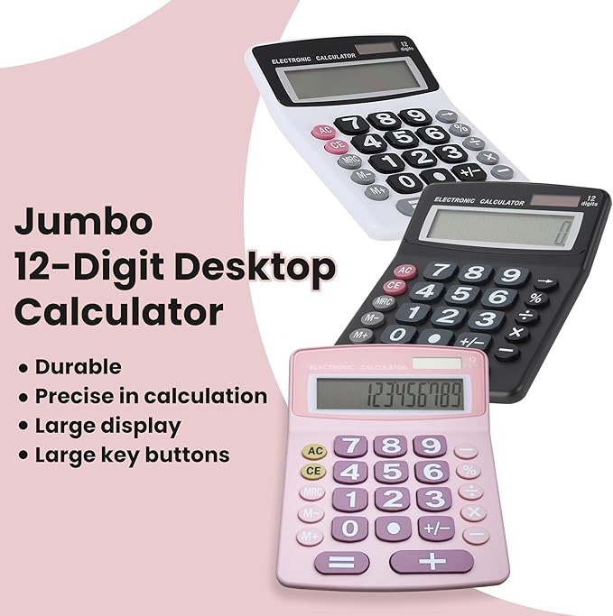 Lily' Home Jumbo 12 Digit with Solar Power, Large LCD Display - Desktop Calculator, Dual Power, Large Button Design, Battery Operation, Easy-to-Read Tilted, for Home, Office, School & Business - Pink