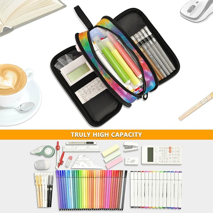 Tie Dye Rainbow Pencil Case Box Boys Girls Large Pencil Pouch with Zipper Compartments Big Capacity Stationery Pen Bag Organizer for Kids Teens Adults School Office