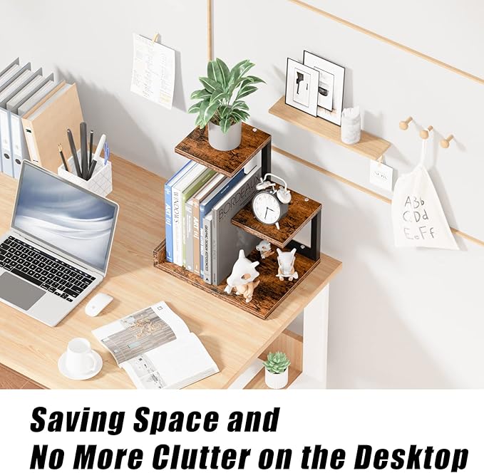 Gannyfer Desk Shelf Organizer - Wood Desktop Shelf, Freestanding Desk Hutch Office Decor, 3 Tier Storage Display Rack, Small Bookshelf with Metal Frame for Books/Plants/Toys (Rustic Brown Black)