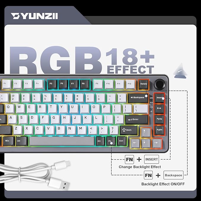 YUNZII B75 PRO Wireless Mechanical Keyboard,75% Layout with Knob,Hot Swap Gasket Structure,Creamy Pre-lubed Switches,RGB Backlit,Bluetooth/Type-C/2.4G for Win/Mac (Dark Grey, Milk Switch)