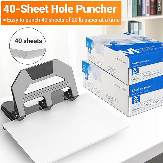 AFMAT Heavy Duty 3 Hole Puncher, 40-Sheet Paper Punch Heavy Duty, 50% Reduced Effort Three Hole Punch, 10K+ Uses, Metal Hole Puncher 3 Ring w/Large Tray, Bulit-in S.S. Paper Guide, Gray