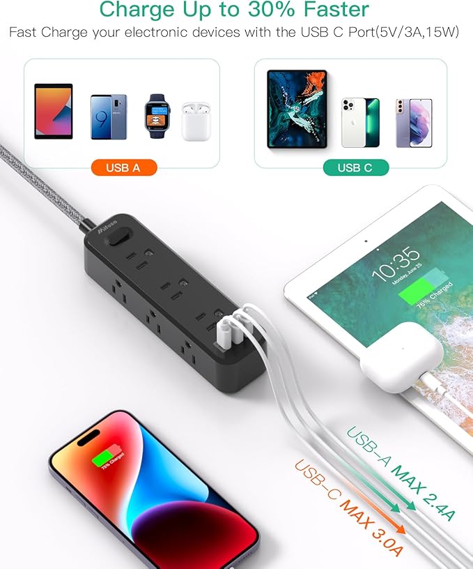 Mifaso Extension Cord, Surge Protector Power Strip, Long Extension Cord with 9 Outlets 3 USB Ports, Extension Cord with Multiple Outlets, USB Power Strip for Dorm Room Essentials, College (25FT,Black)