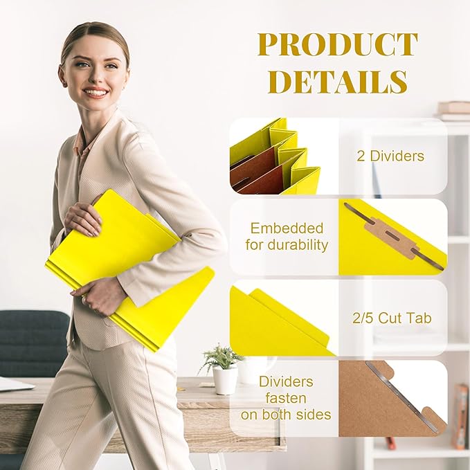 Skyygemm 12 Pcs Classification Folders Letter Size Bulk - 2 Dividers Pressboard File Folder with 3. 5 Inch Expansion, 2 Prongs Fastener, Heavy Duty Office File Organizer for Teacher Medical (Yellow)