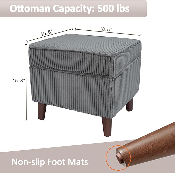 Storage Ottoman with Adjustable Lid, Soft Step Stool, Footrest and Seat, Ottoman Foot Rest for Living Room, Bedroom, Dorm, Light Gray