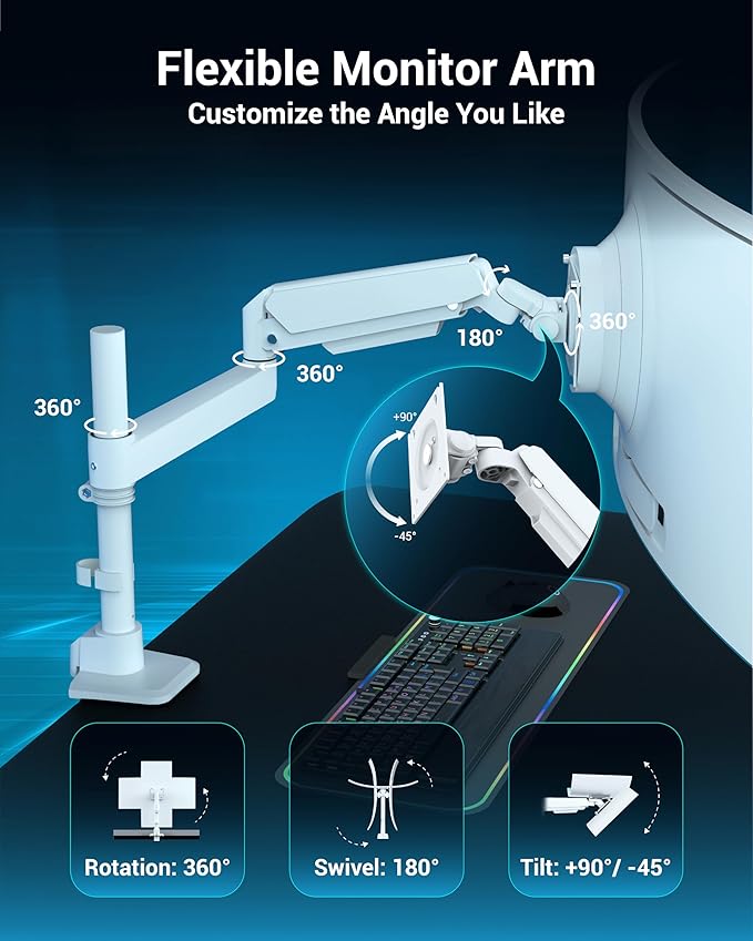 Heavy Duty Monitor Arm for 13-49 Inch Ultrawide Screens, Holds Up to 44lbs, Fully Adjustable Single Monitor Mount, with Clamp & Grommet Base, 75/100mm VESA Desk Mount, White