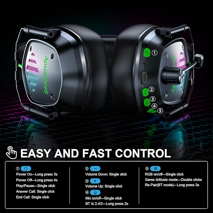 SKAPENDY Wireless Gaming Headset for PS5, PS4, PC, Switch – 2.4GHz & Bluetooth Gaming Headphones with Mic, 3D Stereo Surround Sound, 20ms Low Latency, ENC Noise Canceling, RGB Light, 50H Battery