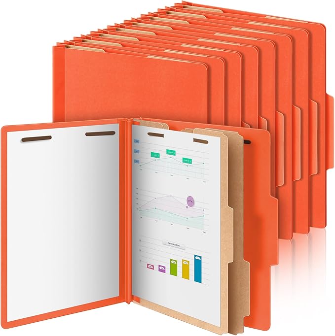 Skyygemm 12 Pcs Classification Folders Letter Size Bulk - 2 Dividers Pressboard File Folder with 3. 5 Inch Expansion, 2 Prongs Fastener, Heavy Duty Office File Organizer for Teacher Medical (Orange)