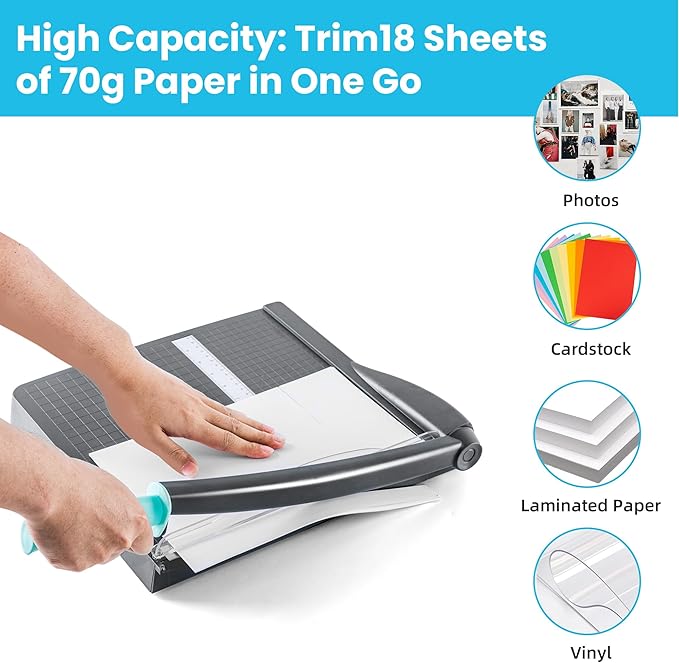 Papercutter 12" Cut Length Guillotine Paper Cutter with Safety Guard, 18 Sheet Capacity Heavy Duty Paper Trimmer, Large Paper Cutting Board for Cardstock, Photos, Office, Classroom, Studio