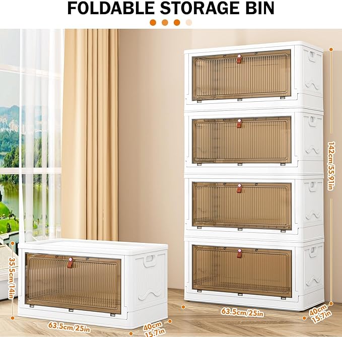 4 Tier Storage Bins with Lids 102QT - Stackable Containers with Wheels, Folding Boxes, Set of 25