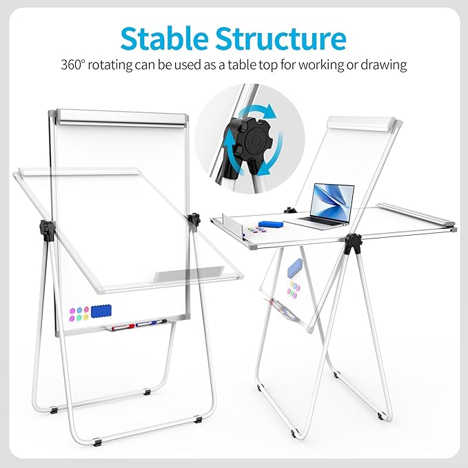 U-Stand Magnetic Whiteboard Easel 36 x 24 Inch, Double Sided Dry Erase Board with Flipchart Paper Pad (25 Sheets)- Height Adjustable Standing Whiteboard for Modern Home Office, Homeschool & Studio