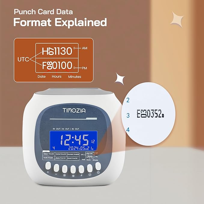 Time Clock for Employees Small Business, 6 U.S. Time Zones, Automatic Daylight Saving & Auto Time Update, Punch Card Time Recorder with 6 Punches Per Day-100 Time Cards, 2 Ribbons, 1 Card Rack