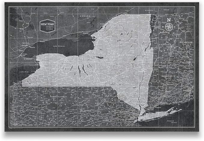 Conquest Maps Push Pin New York Map Board - With Push Pins to Mark New York Travels - Handmade in Ohio, USA - Design: Modern Slate