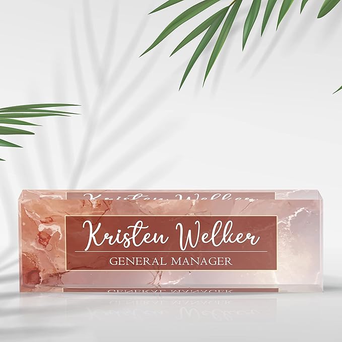 Personalized Name Plates for Desk, Premium Clear Acrylic Desk Name Plate, Custom Name Plate Office Decor for Women, Employee Appreciation Gifts (Pink Marble)