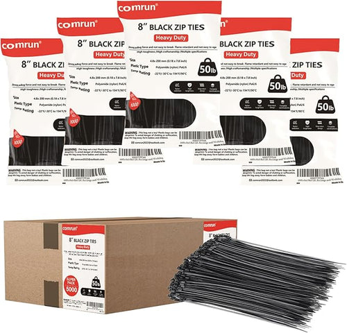 5000pcs 8Inch Black Cable Tie,Nylon Zip Ties,Industrial Grade,50 Pounds Tensile Strength,UV Resistant,Heavy Duty,for Home,Garden Trellis,Office,Garage and Workshop