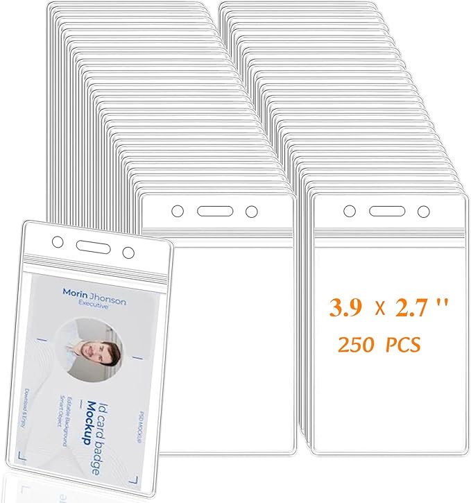 250 Pack Name ID Badge Holder-Plastic Badge Holder for Lanyard, Vertical Extra Thick 3.9" x 2.7" Waterproof Name tag Holder for School/Office/Hospital/Exhibition/Party/Cards Credit Card