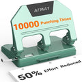 AFMAT 3 Hole Punch, 9/32" Holes, 40-Sheet 3 Hole Puncher for Binder, 50% Reduced Effort, Metal Heavy Duty Three Hole Punch w/ 10,000+ Uses, Bulit-in S.S. Paper Guide, Large Chip Tray, Green, HPX3