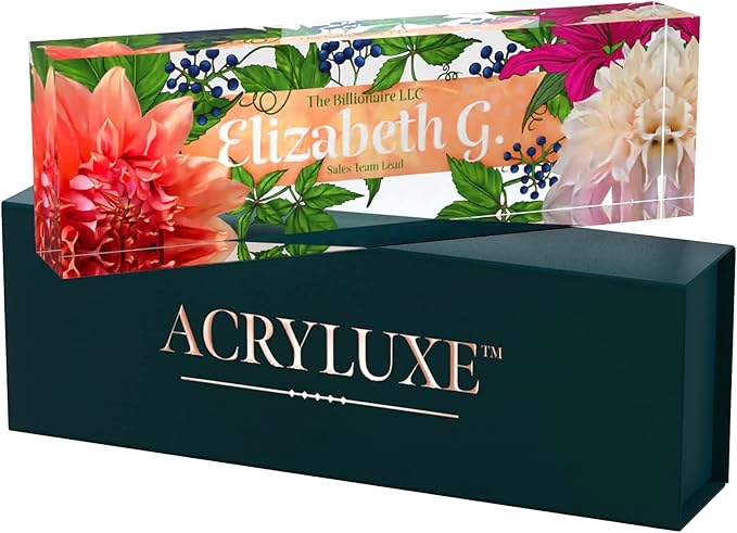 Desk Name Plate Personalized, Custom Name Plates 2½/x8 Inches, Thick Crystal-Clear Acrylic, Gift Box, Office Desk Decor. USA Made by ACRYLUXE (Haute)