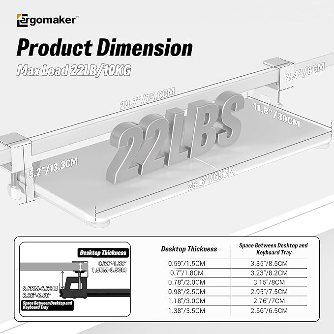 Keyboard Tray Under Desk, Pull Out Keyboard Tray with C Clamp Mount, 25.6" (29.7" Including Clamps) x 11.8" Slide-Out Platform Computer Drawer for Typing, Keyboard & Mouse Tray, White