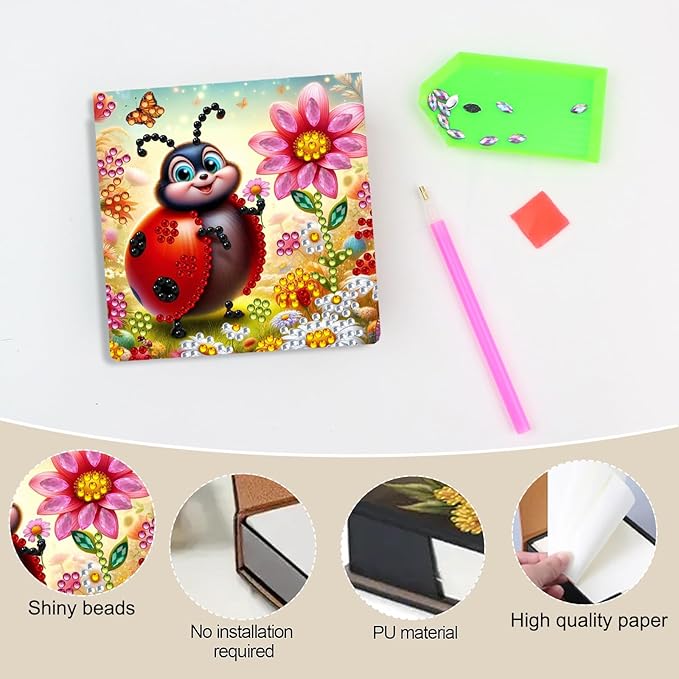 Ladybug Diamond Painting Note Box Memo Pad Holder, Diamond Art Sticky Notes Organizer for Desk, Aesthetic Stationery Storage Case for Office,School Supplies (Ladybug)