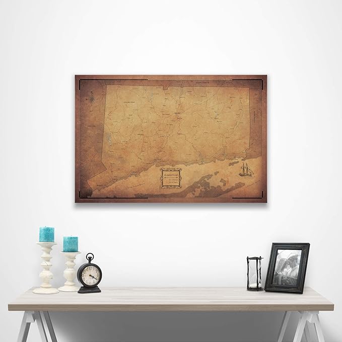 Push Pin Connecticut Map Board - With Push Pins to Mark Connecticut Travels - Handmade in Ohio, USA - Design: Golden Aged