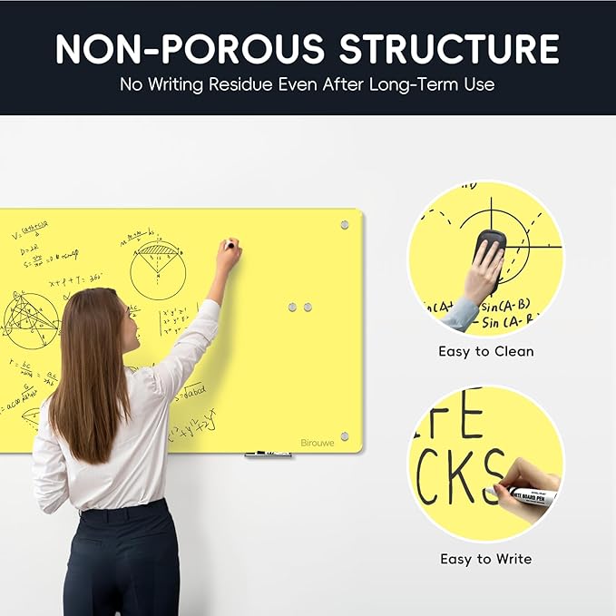 Magnetic Glass Whiteboard - 48"x36" Frameless Glass Dry Erase Board for Walls, Office, School & Home - Yellow