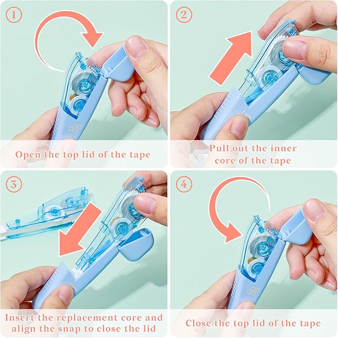 Temiary 3 Pcs Correction Tapes with 3 Pcs Extra Refills, Aesthetic White Pull Out Tape, Easy Grip & Carry, Works with Multiple Pens, Smooth for School & Office Workers (Light Green/Green/Blue)