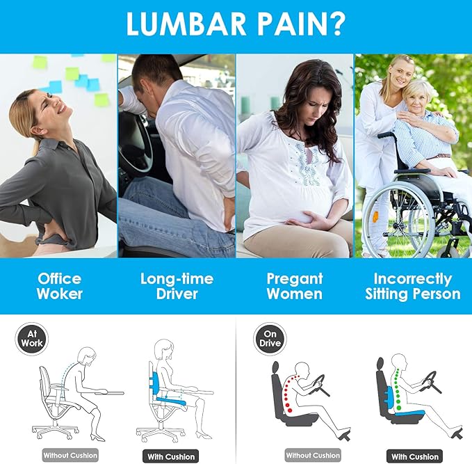 Coccyx Seat Cushion and Lumbar Support Pillow for Office Chair Wheelchair, Orthopedic Car Seat Cushion Memory Foam Back Support Cushion for Lower Back Pain,Tailbone & Sciatica Pain Relief Black